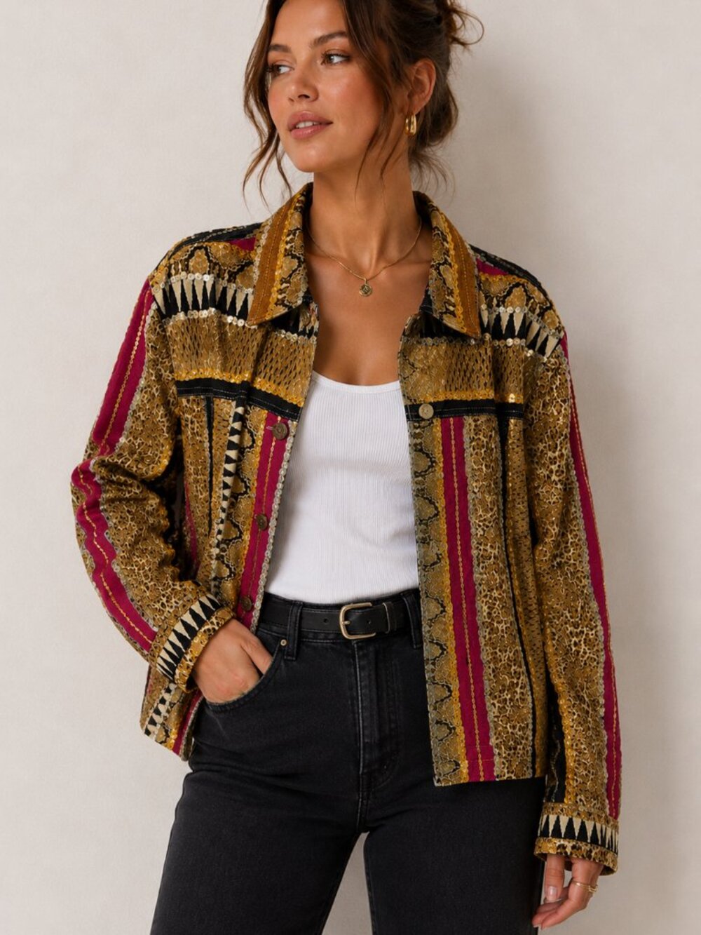 iOS 100% Linen Sequin Animal Print Patchwork Jacket Small